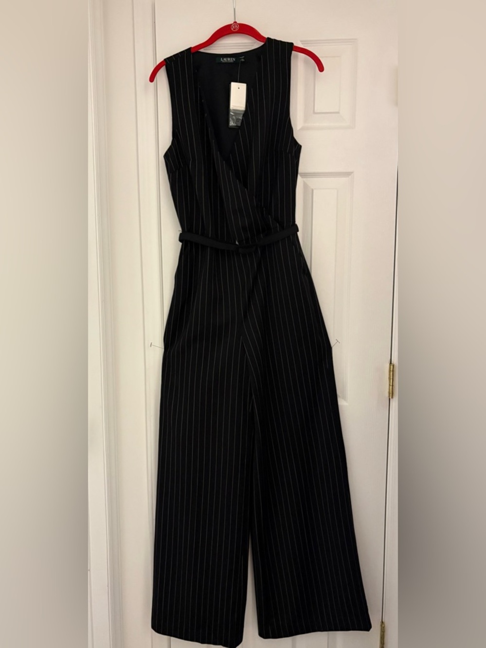 RALPH LAUREN, Black Pinstripe Sleeveless Jumpsuit with Belt, Size 8, NWT